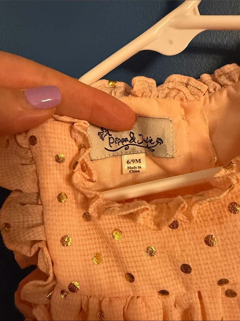 Pippa & Julie Light Pink Ruffle Shoulder Dress with Gold Dots